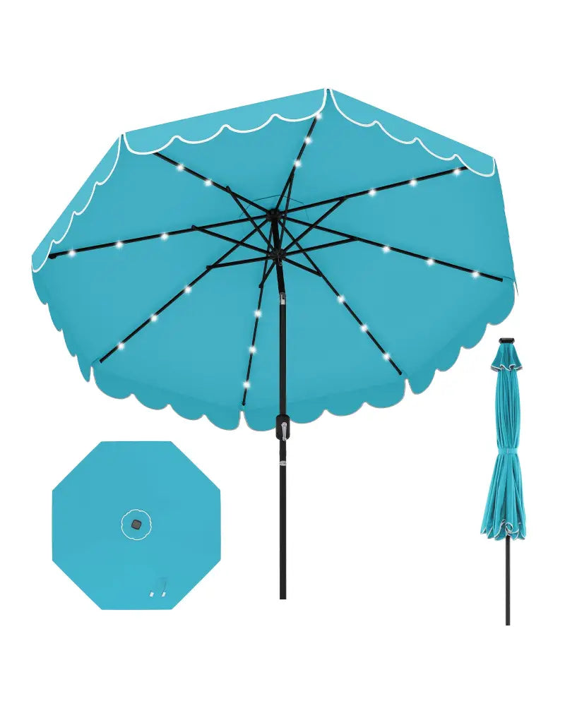 9.3 Feet Solar Patio Umbrella with 24 LED Lights Vented Top and Ruffles-Turquoise - Turquoise - Outdoor Umbrellas