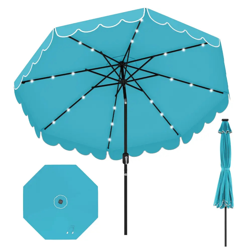 9.3 Feet Solar Patio Umbrella with 24 LED Lights Vented Top and Ruffles-Turquoise - Turquoise - Outdoor Umbrellas