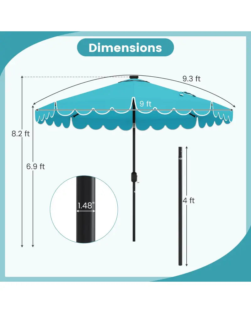 9.3 Feet Solar Patio Umbrella with 24 LED Lights Vented Top and Ruffles-Turquoise - Turquoise - Outdoor Umbrellas
