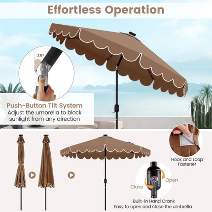 9.3 Feet Solar Patio Umbrella with 24 LED Lights Vented Top and Ruffles-Coffee - Coffee - Outdoor Umbrellas