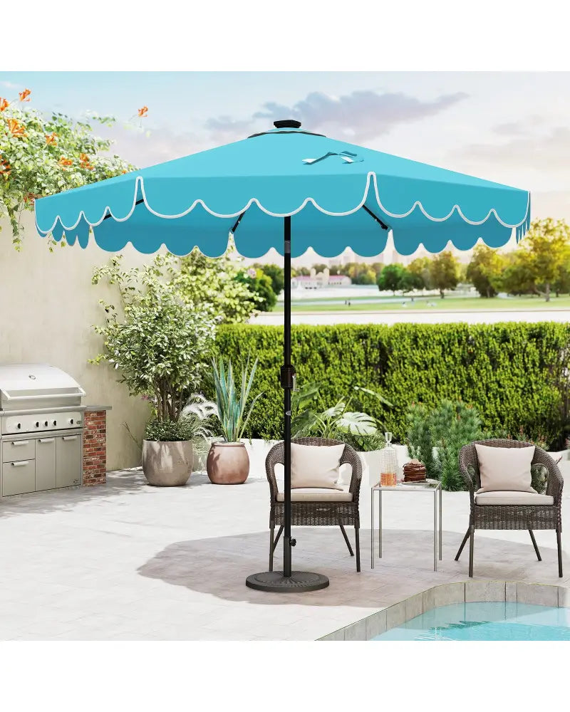 9.3 Feet Solar Patio Umbrella with 24 LED Lights Vented Top and Ruffles-Turquoise - Turquoise - Outdoor Umbrellas