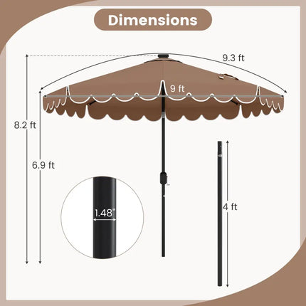 9.3 Feet Solar Patio Umbrella with 24 LED Lights Vented Top and Ruffles-Coffee - Coffee - Outdoor Umbrellas