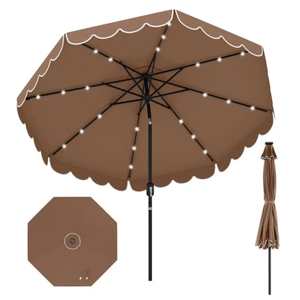 9.3 Feet Solar Patio Umbrella with 24 LED Lights Vented Top and Ruffles-Coffee - Coffee - Outdoor Umbrellas