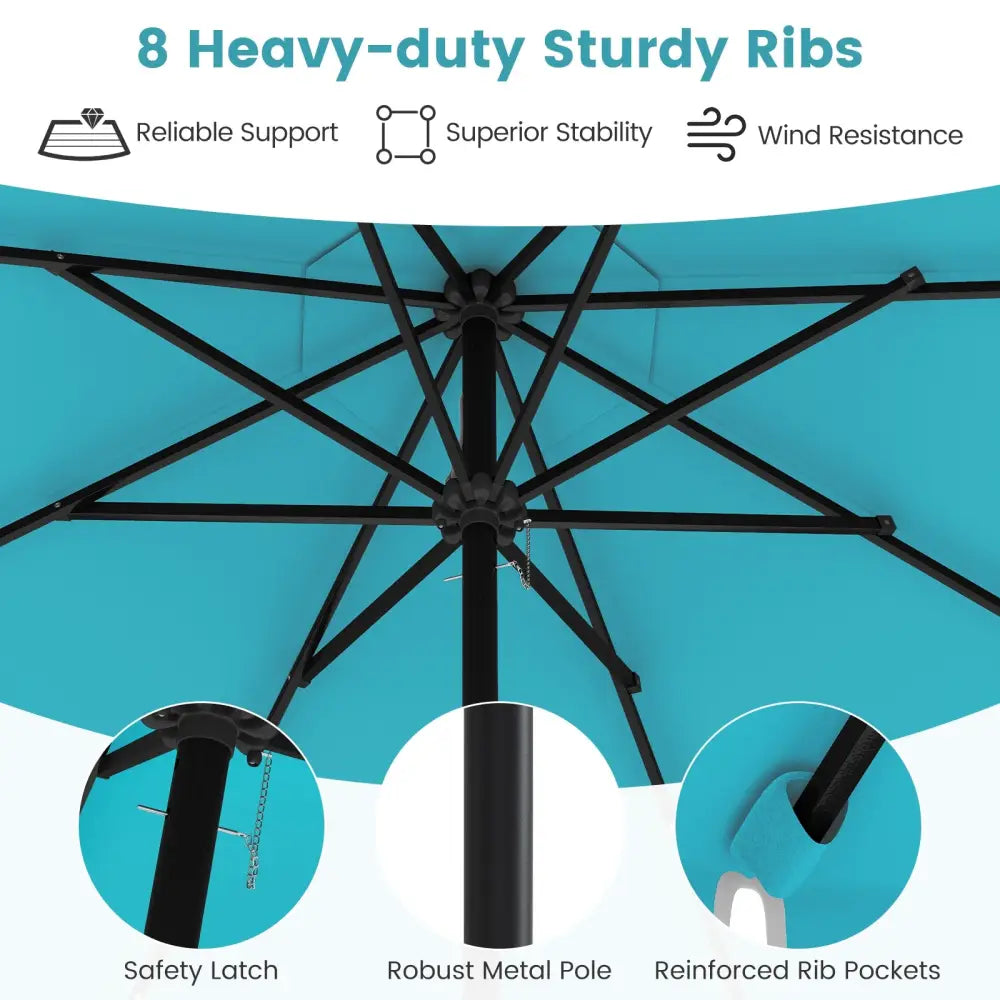 9.3 Feet Solar Patio Umbrella with 24 LED Lights Vented Top and Ruffles-Turquoise - Turquoise - Outdoor Umbrellas
