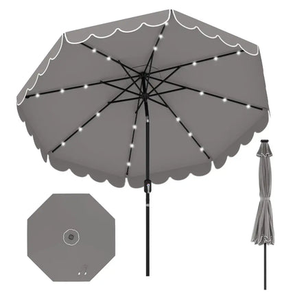 9.3 FT Solar Patio Umbrella with 24 LED Lights Vented Top and Ruffles-Gray - Gray - Outdoor Umbrellas