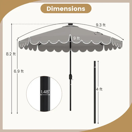 9.3 FT Solar Patio Umbrella with 24 LED Lights Vented Top and Ruffles-Gray - Gray - Outdoor Umbrellas