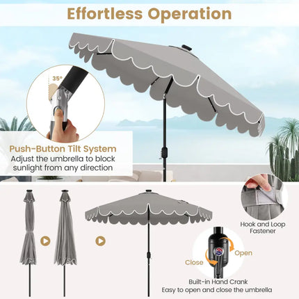 9.3 FT Solar Patio Umbrella with 24 LED Lights Vented Top and Ruffles-Gray - Gray - Outdoor Umbrellas