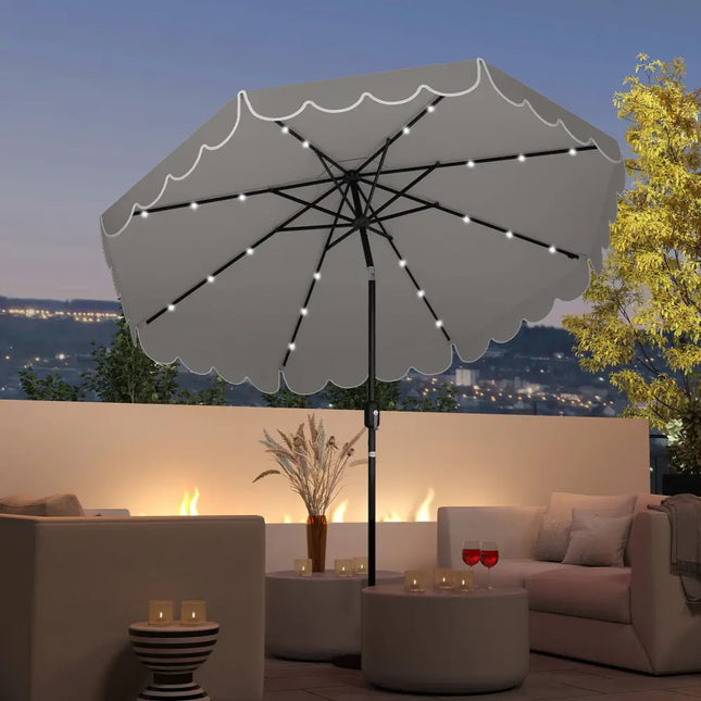 9.3 FT Solar Patio Umbrella with 24 LED Lights Vented Top and Ruffles-Gray - Gray - Outdoor Umbrellas
