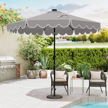 9.3 FT Solar Patio Umbrella with 24 LED Lights Vented Top and Ruffles-Gray - Gray - Outdoor Umbrellas