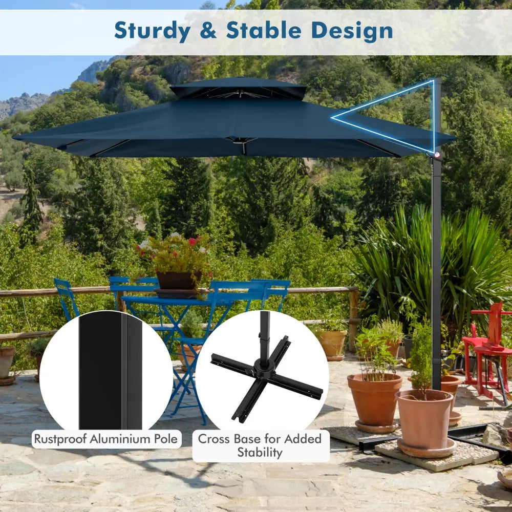 9.5 Feet Cantilever Patio Umbrella with 360° Rotation and Double Top-Navy - Navy - Outdoor Umbrellas