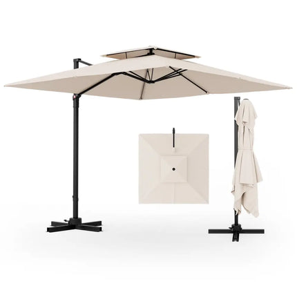 9.5 Feet Cantilever Patio Umbrella with 360° Rotation and Double Top-Beige - Beige - Outdoor Umbrellas