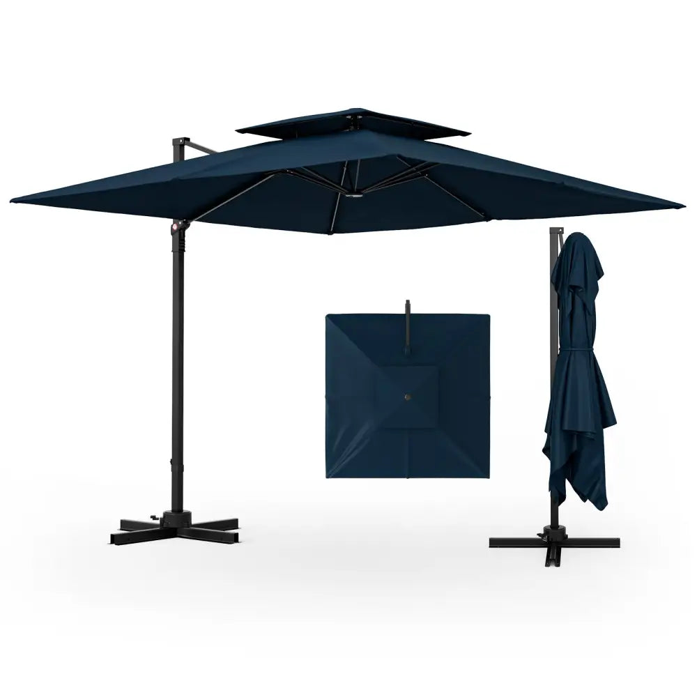 9.5 Feet Cantilever Patio Umbrella with 360° Rotation and Double Top-Navy - Navy - Outdoor Umbrellas