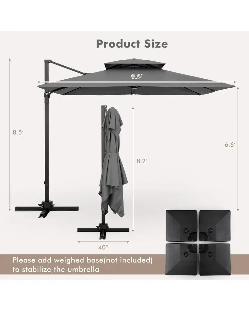 9.5 Feet Cantilever Patio Umbrella with 360° Rotation and Double Top-Gray - Gray - Outdoor Umbrellas