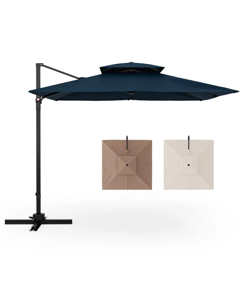 9.5 Feet Cantilever Patio Umbrella with 360° Rotation and Double Top-Navy - Navy - Outdoor Umbrellas