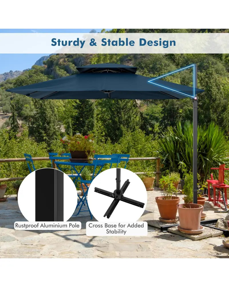 9.5 Feet Cantilever Patio Umbrella with 360° Rotation and Double Top-Navy - Navy - Outdoor Umbrellas