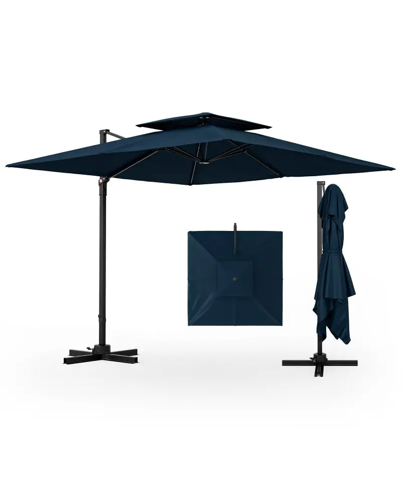 9.5 Feet Cantilever Patio Umbrella with 360° Rotation and Double Top-Navy - Navy - Outdoor Umbrellas