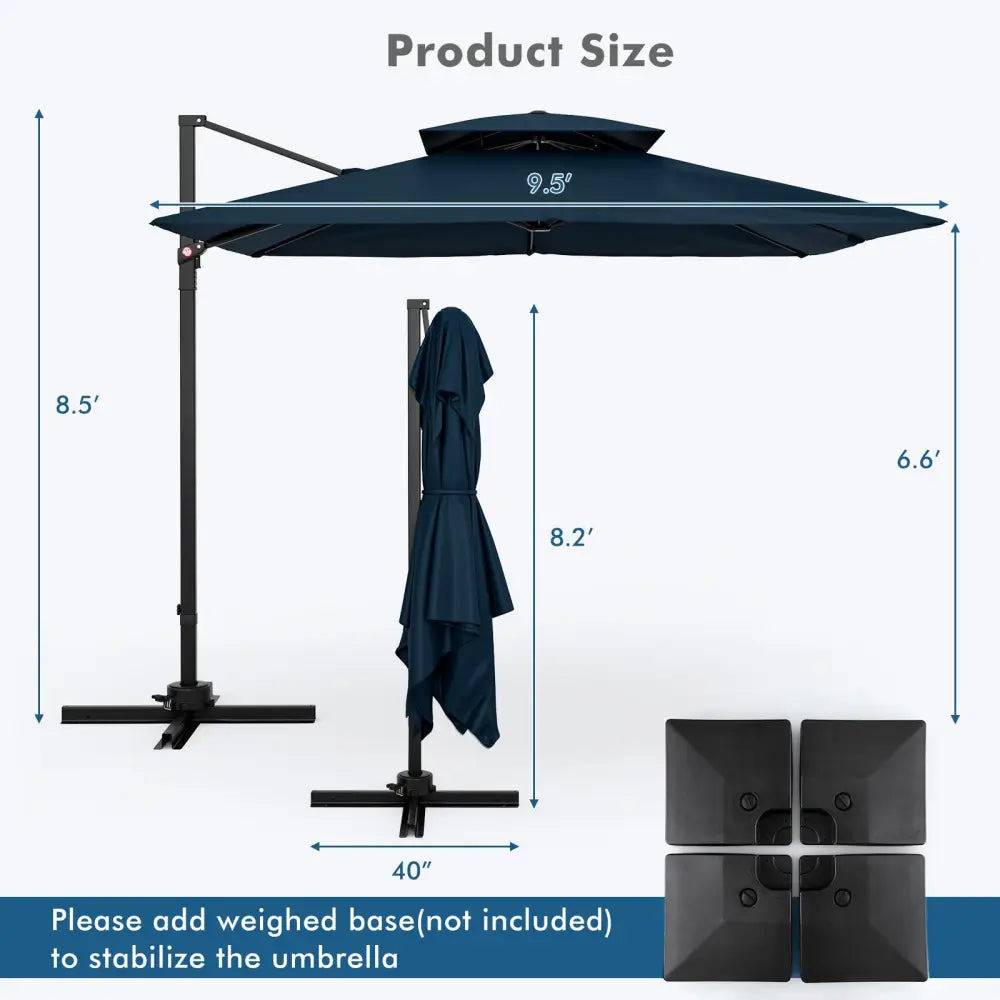9.5 Feet Cantilever Patio Umbrella with 360° Rotation and Double Top-Navy - Navy - Outdoor Umbrellas