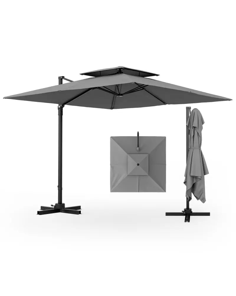 9.5 Feet Cantilever Patio Umbrella with 360° Rotation and Double Top-Gray - Gray - Outdoor Umbrellas