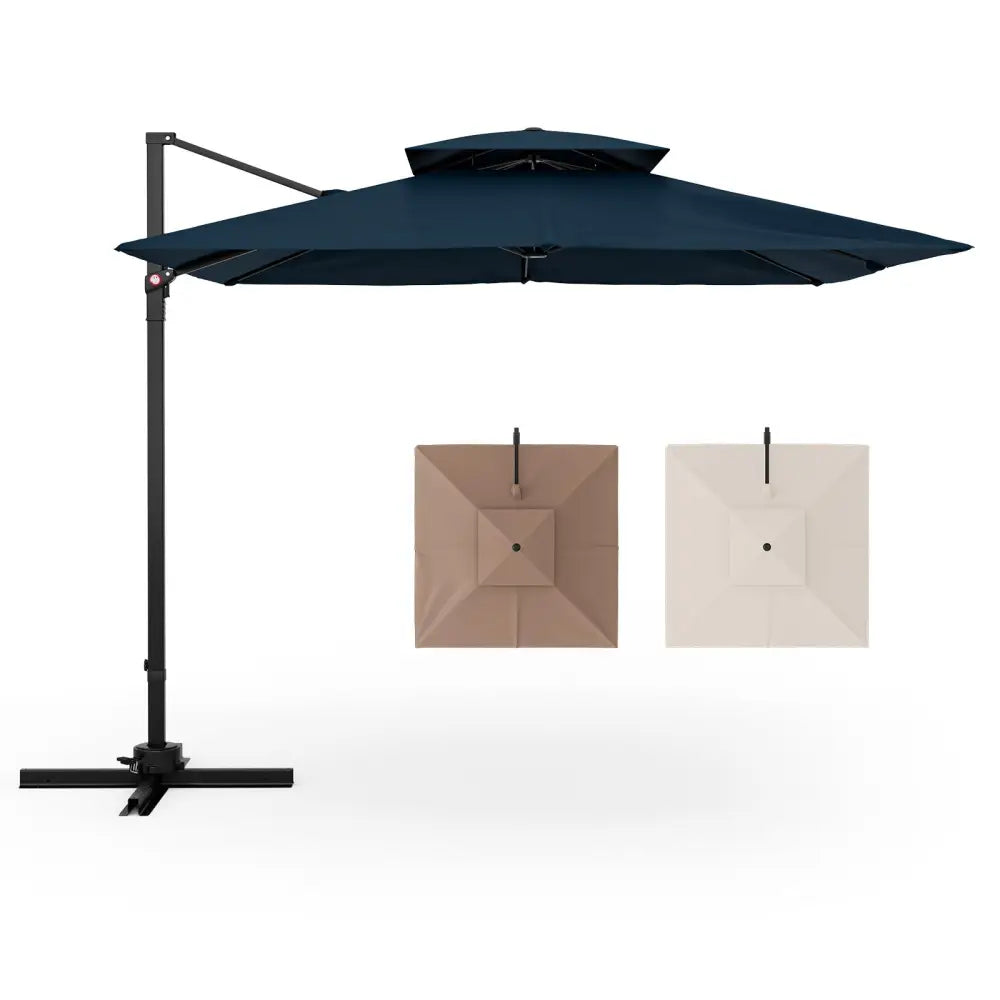 9.5 Feet Cantilever Patio Umbrella with 360° Rotation and Double Top-Navy - Navy - Outdoor Umbrellas