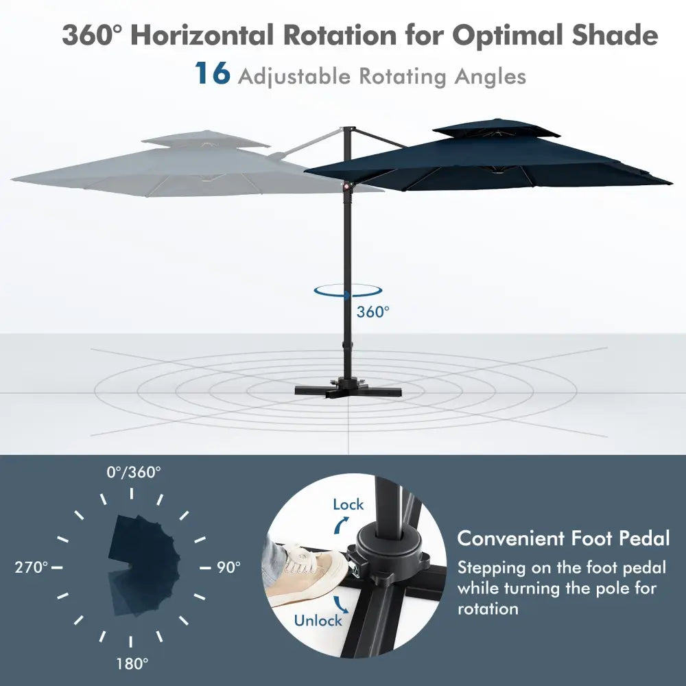 9.5 Feet Cantilever Patio Umbrella with 360° Rotation and Double Top-Navy - Navy - Outdoor Umbrellas