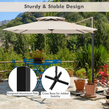 9.5 Feet Cantilever Patio Umbrella with 360° Rotation and Double Top-Beige - Beige - Outdoor Umbrellas