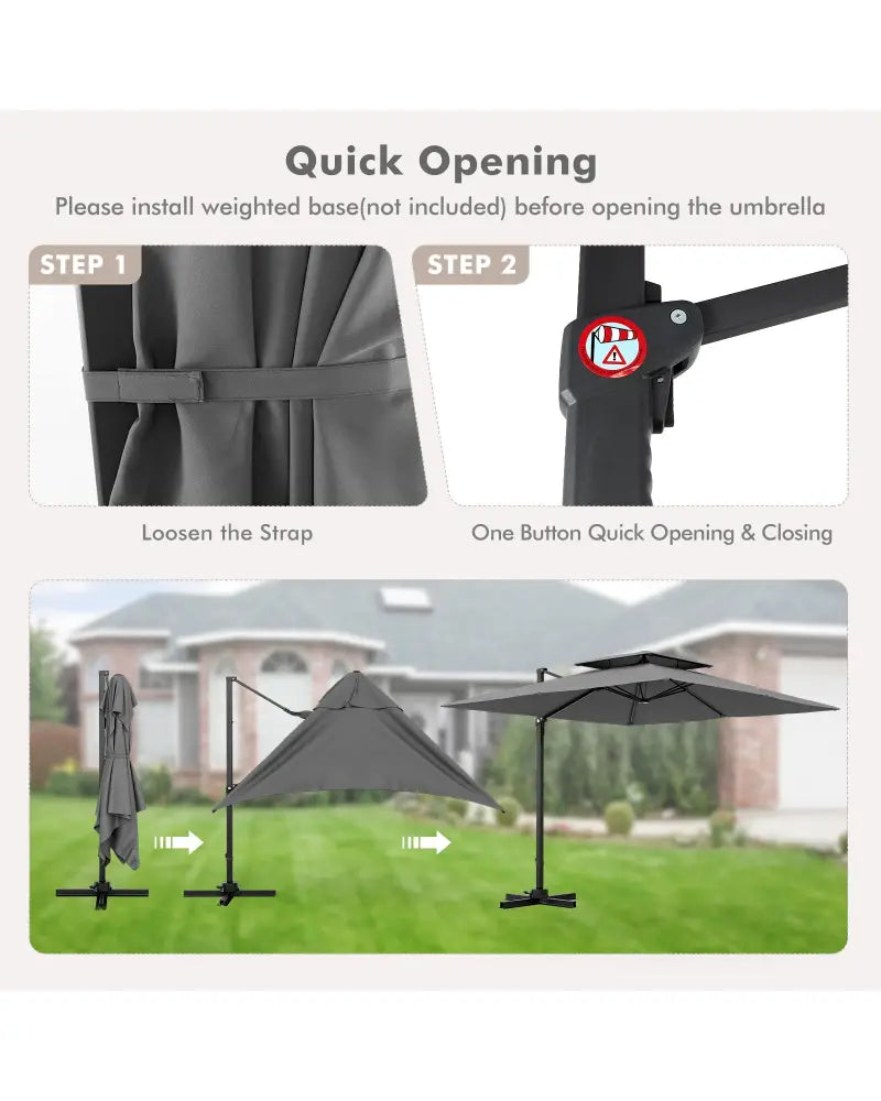 9.5 Feet Cantilever Patio Umbrella with 360° Rotation and Double Top-Gray - Gray - Outdoor Umbrellas