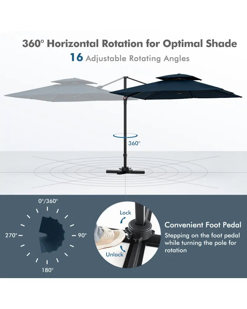 9.5 Feet Cantilever Patio Umbrella with 360° Rotation and Double Top-Navy - Navy - Outdoor Umbrellas