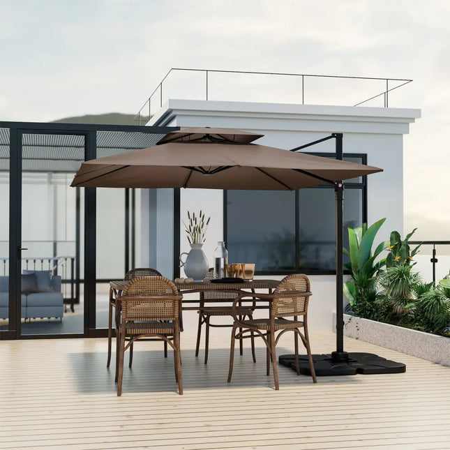 9.5 Feet Cantilever Patio Umbrella with 360° Rotation and Double Top-Coffee - Coffee - Outdoor Umbrellas