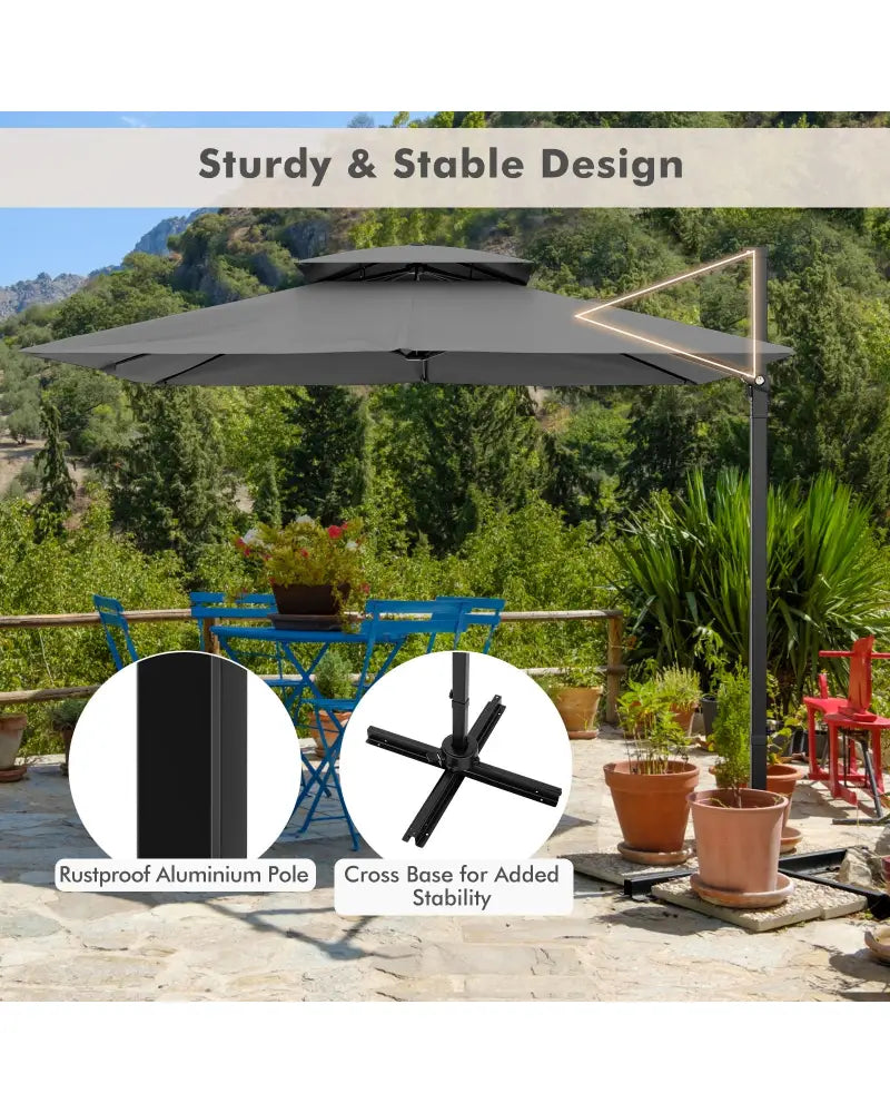 9.5 Feet Cantilever Patio Umbrella with 360° Rotation and Double Top-Gray - Gray - Outdoor Umbrellas