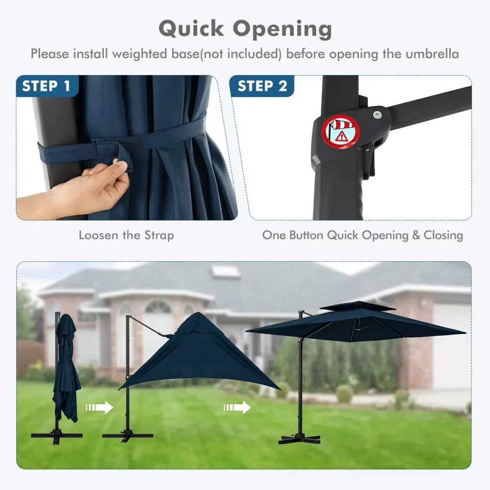 9.5 Feet Cantilever Patio Umbrella with 360° Rotation and Double Top-Navy - Navy - Outdoor Umbrellas