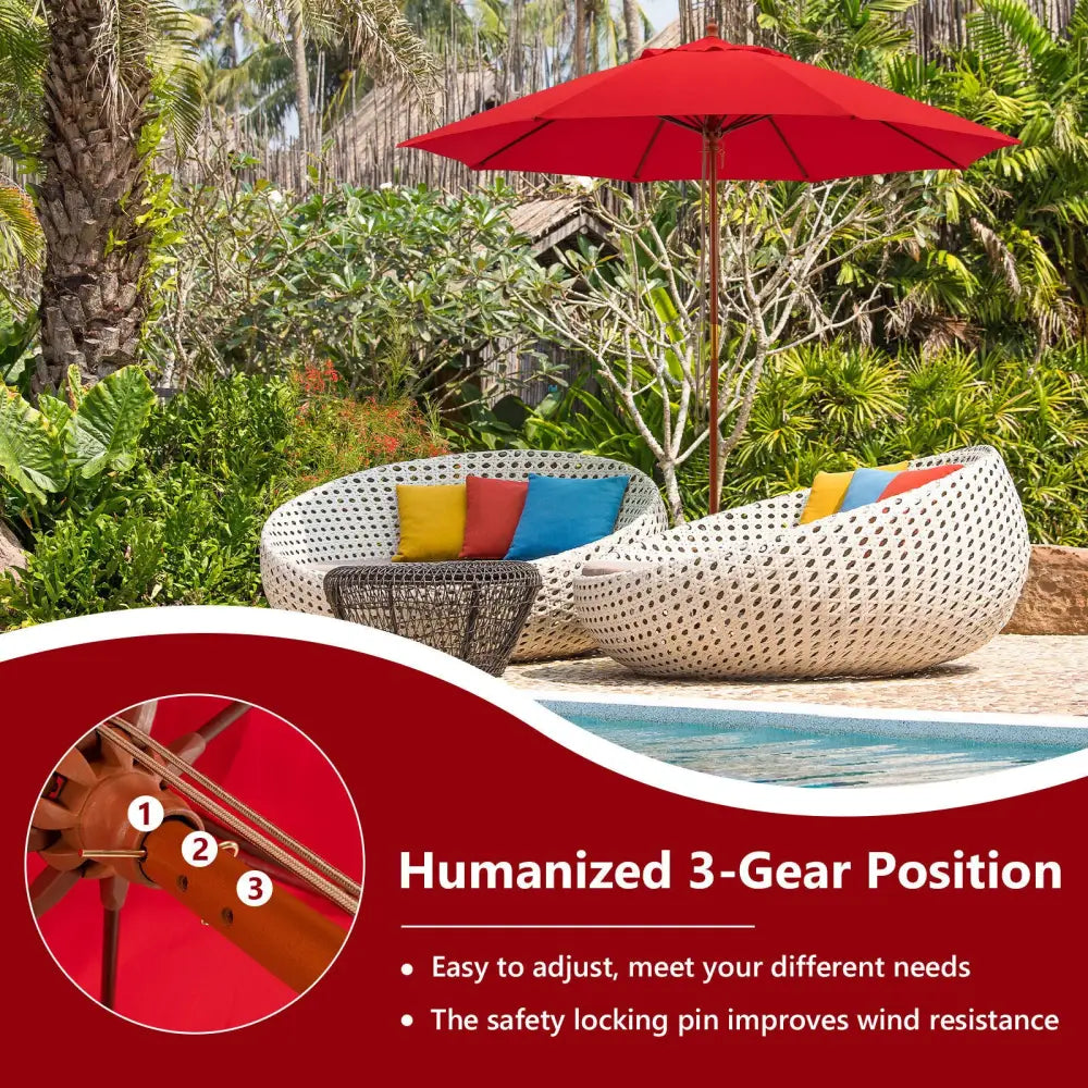 9.5 Feet Pulley Lift Round Patio Umbrella with Fiberglass Ribs-Red - Red - Outdoor Umbrellas