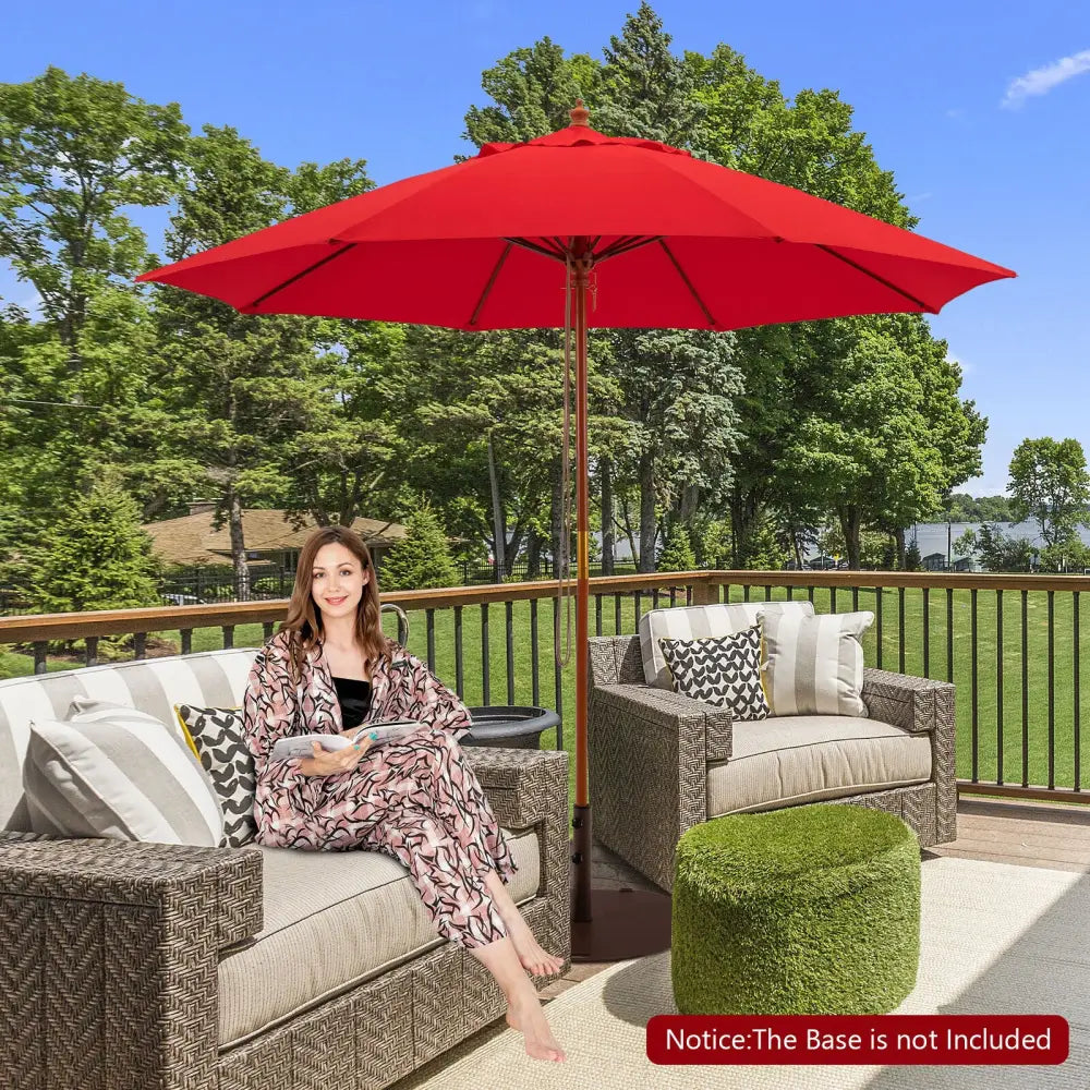 9.5 Feet Pulley Lift Round Patio Umbrella with Fiberglass Ribs-Red - Red - Outdoor Umbrellas