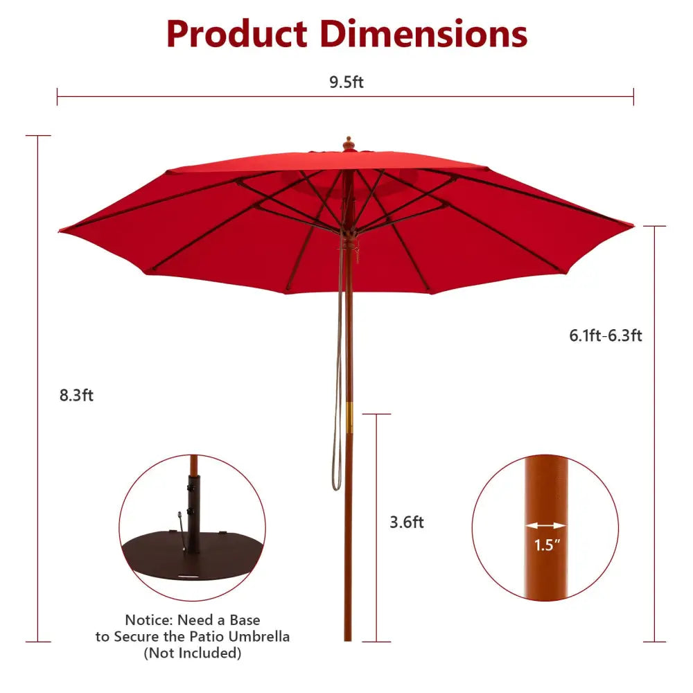 9.5 Feet Pulley Lift Round Patio Umbrella with Fiberglass Ribs-Red - Red - Outdoor Umbrellas