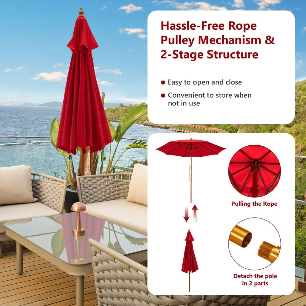 9.5 Feet Pulley Lift Round Patio Umbrella with Fiberglass Ribs-Red - Red - Outdoor Umbrellas