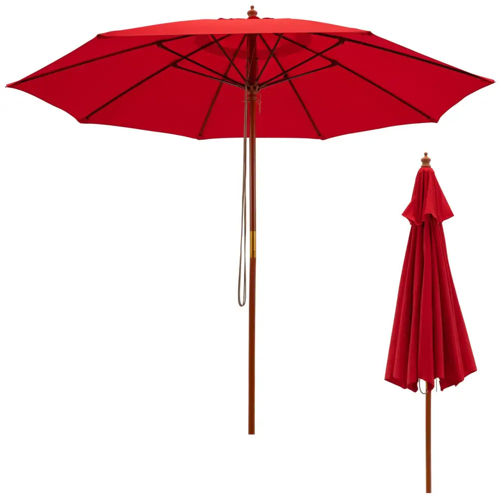 9.5 Feet Pulley Lift Round Patio Umbrella with Fiberglass Ribs-Red - Red - Outdoor Umbrellas