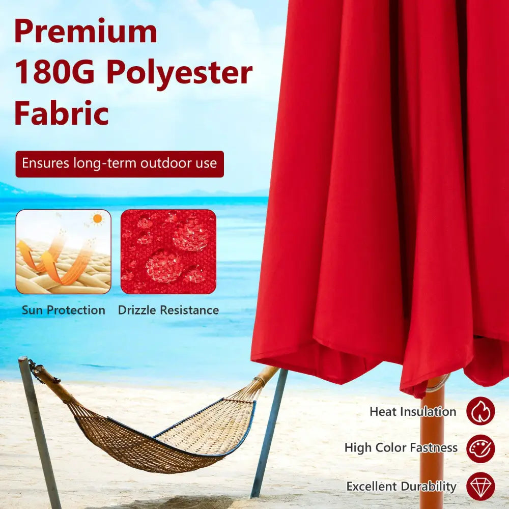 9.5 Feet Pulley Lift Round Patio Umbrella with Fiberglass Ribs-Red - Red - Outdoor Umbrellas