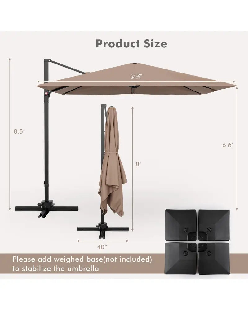 9.5 Feet Square Patio Cantilever Umbrella with 360° Rotation-Coffee - Coffee - Outdoor Umbrellas
