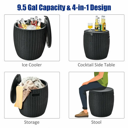 9.5 Gallon 4-in-1 Patio Rattan Cool Bar Cocktail Table Side Table-Black - Black - Coolers