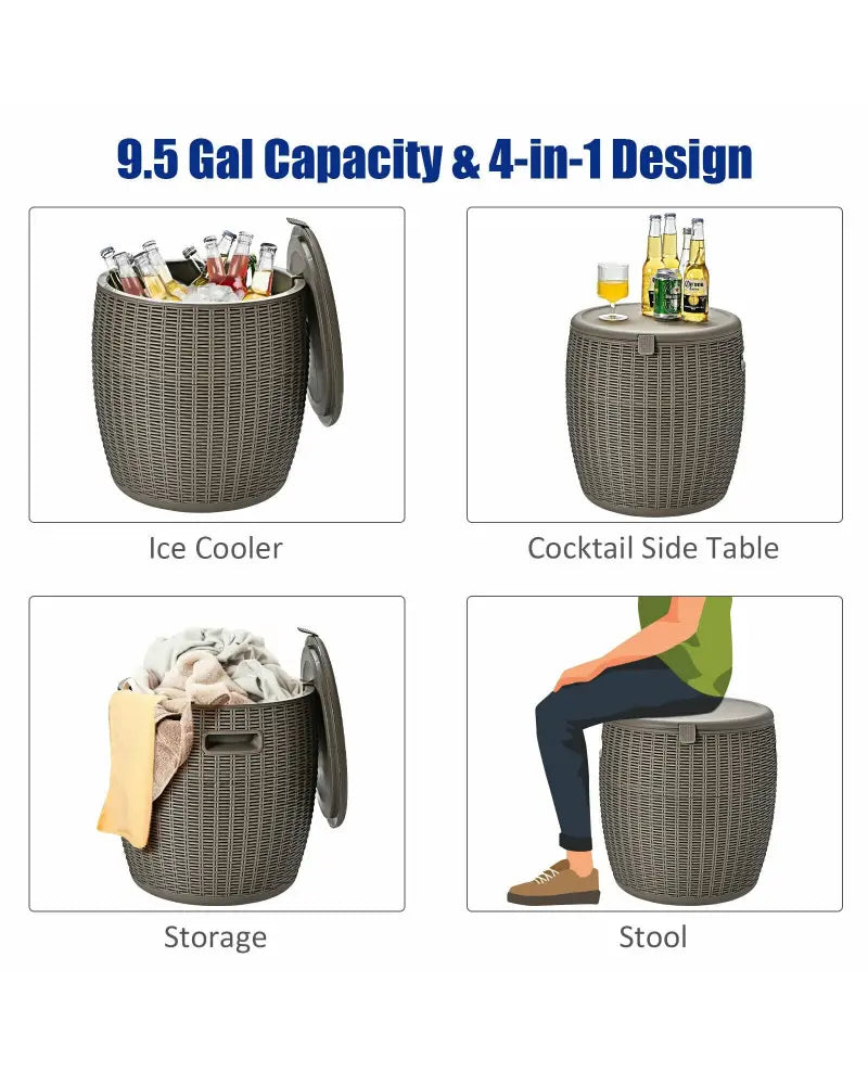 9.5 Gallon 4-in-1 Patio Rattan Cool Bar Cocktail Table Side Table-Brown - Brown - Coolers