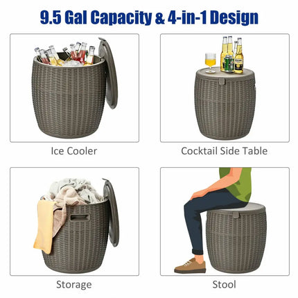 9.5 Gallon 4-in-1 Patio Rattan Cool Bar Cocktail Table Side Table-Brown - Brown - Coolers