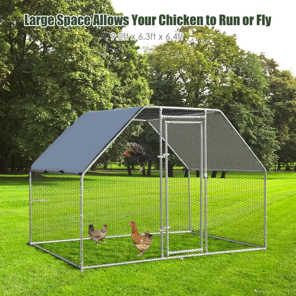 9.5 x 6.5 Feet Large Walk In Chicken Run Cage - Silver - Chicken Coops