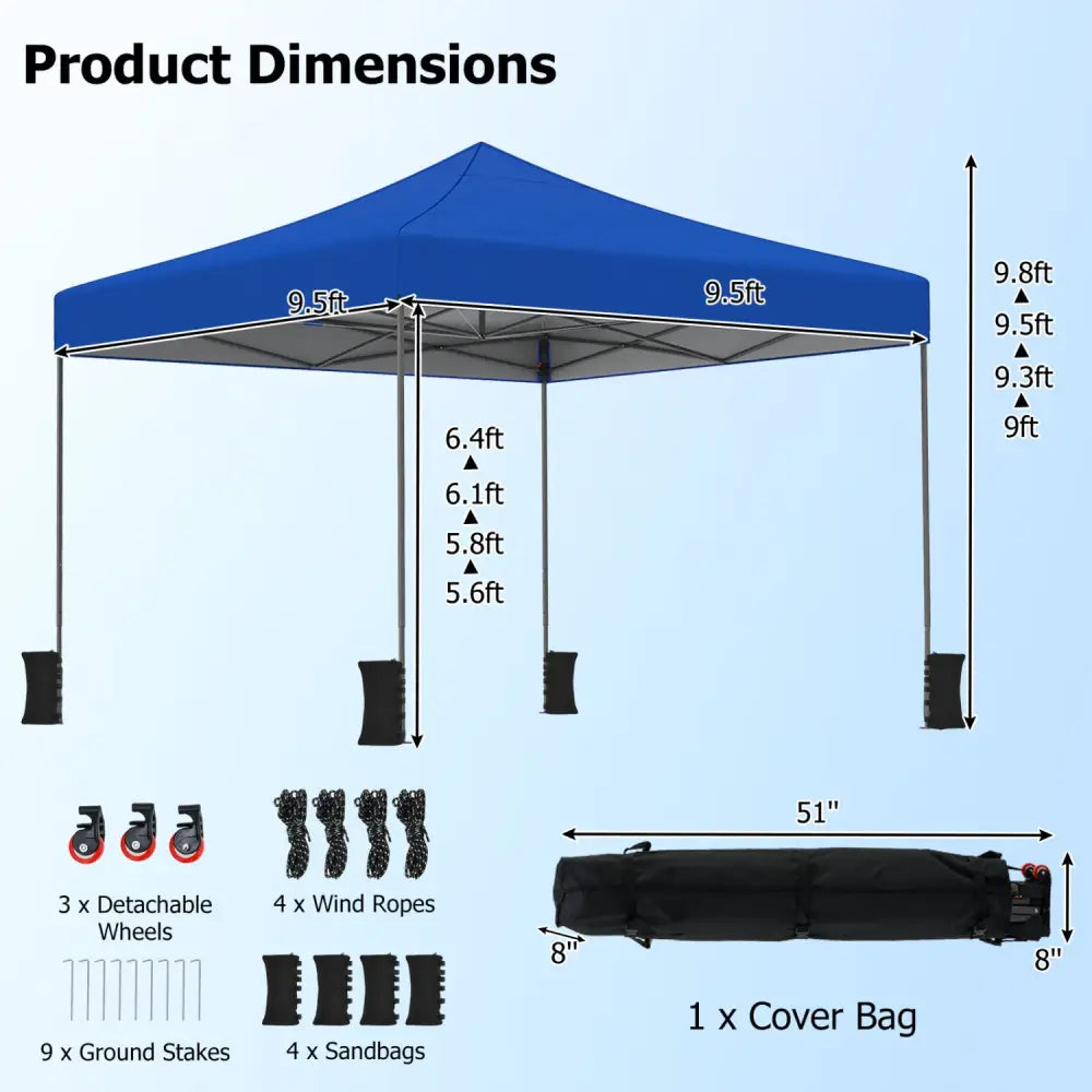 9.5 x 9.5 Feet Pop up Canopy Tent with Adjustable Heights-Blue - Blue - Canopies