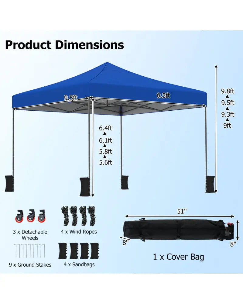 9.5 x 9.5 Feet Pop up Canopy Tent with Adjustable Heights-Blue - Blue - Canopies