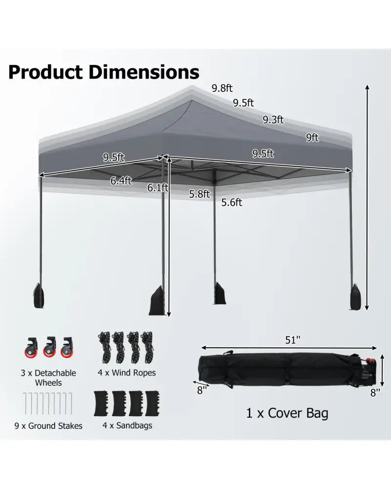 9.5 x 9.5 Feet Pop up Canopy Tent with Adjustable Heights-Gray - Gray - Canopies