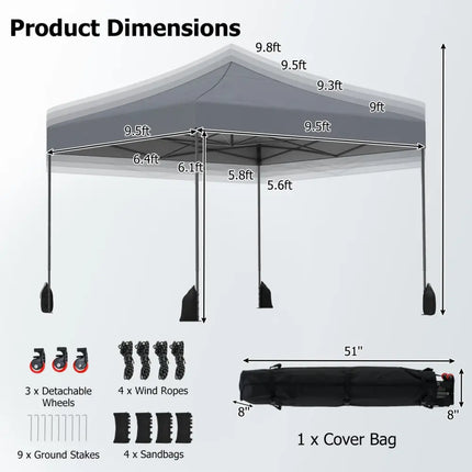 9.5 x 9.5 Feet Pop up Canopy Tent with Adjustable Heights-Gray - Gray - Canopies