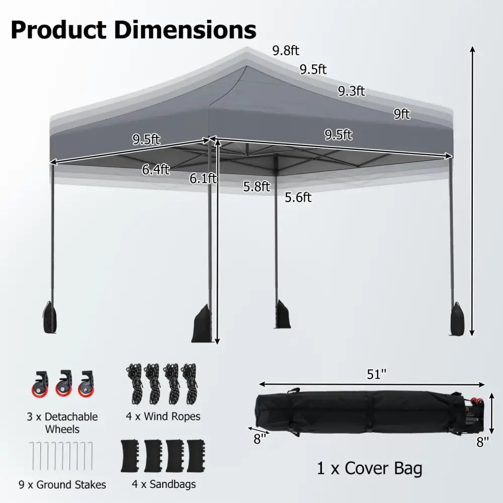 9.5 x 9.5 Feet Pop up Canopy Tent with Adjustable Heights-Gray - Gray - Canopies