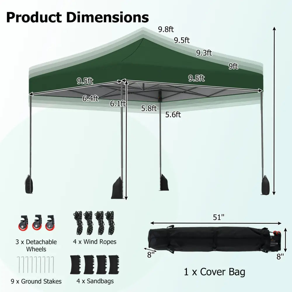 9.5 x 9.5 Feet Pop up Canopy Tent with Adjustable Heights-Green - Green - Canopies
