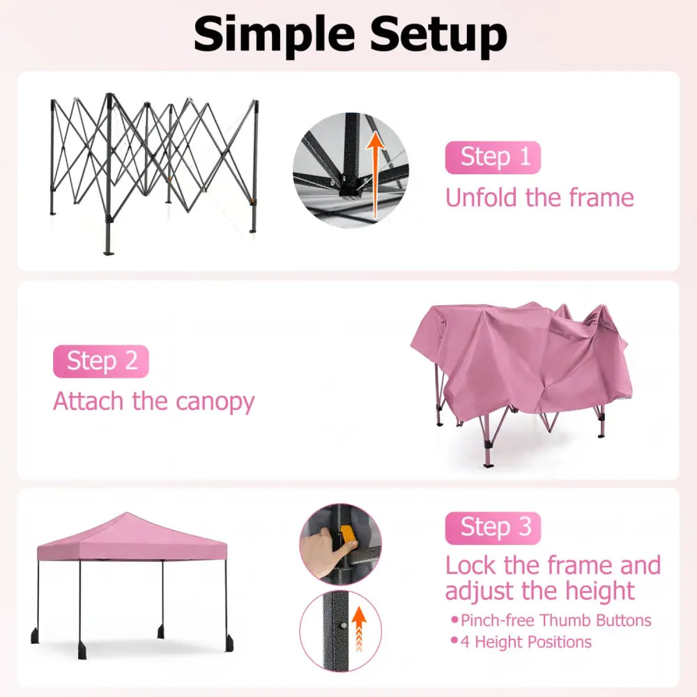9.5 x 9.5 Feet Pop up Canopy Tent with Adjustable Heights-Pink - Pink - Canopies