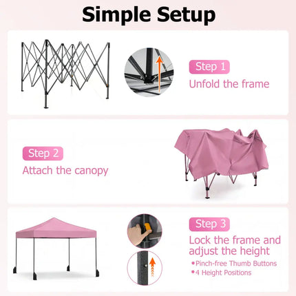 9.5 x 9.5 Feet Pop up Canopy Tent with Adjustable Heights-Pink - Pink - Canopies