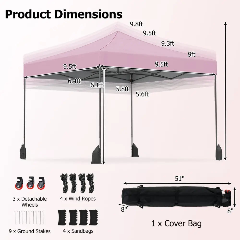 9.5 x 9.5 Feet Pop up Canopy Tent with Adjustable Heights-Pink - Pink - Canopies